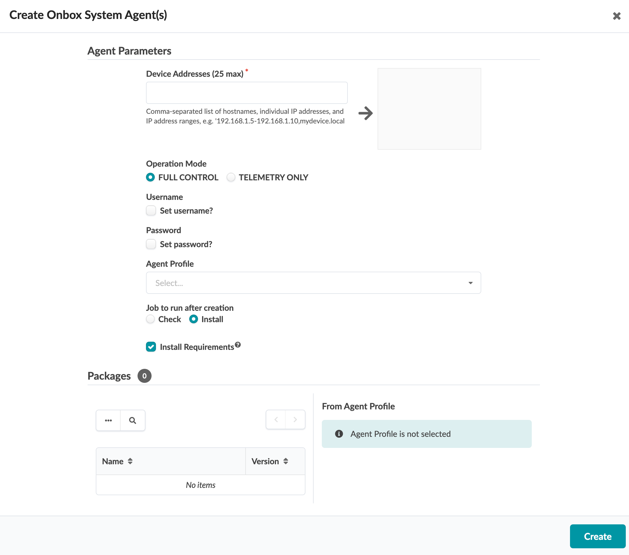 User interface for creating Onbox System Agents with fields for Device Addresses, Operation Mode, Username, Password, and Agent Profile. Options for post-creation job, Check or Install, and Install Requirements. Create button at bottom right.