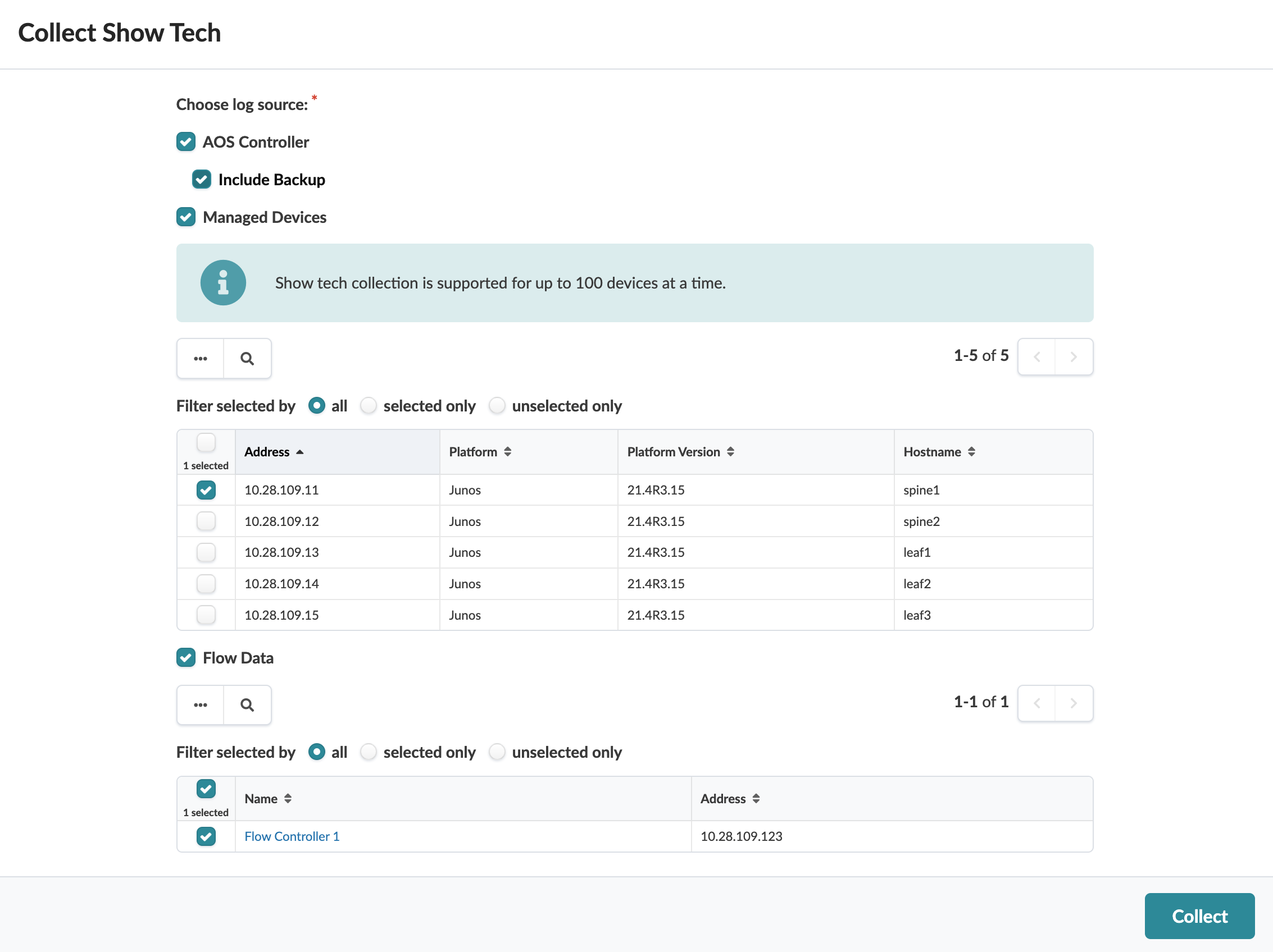 User interface for Show Tech data collection in network environments. Log sources: AOS Controller, Include Backup, Managed Devices. Device list with IPs, platforms, versions, hostnames. Selected device: 10.28.109.11. Flow data section with flow controller name and address. Message: Show tech collection supports up to 100 devices. Collect button at bottom-right.