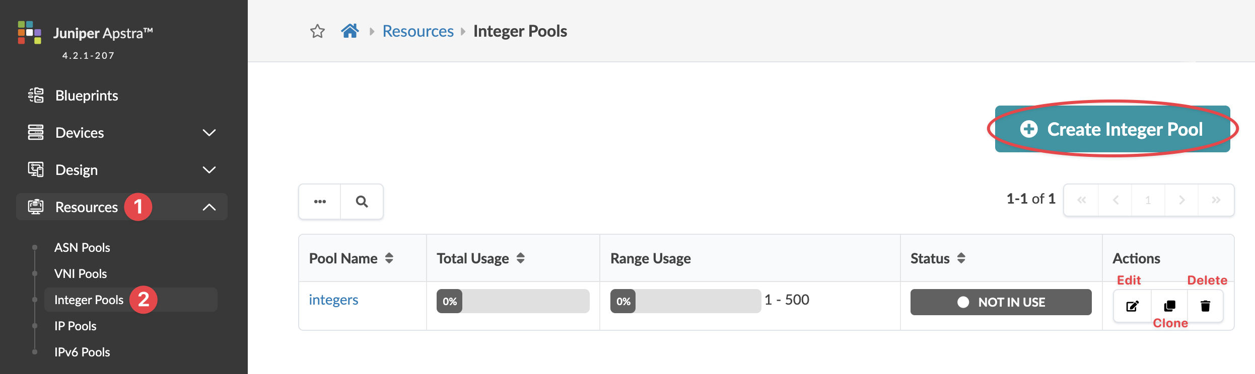Juniper Apstra interface showing Integer Pools section with Create Integer Pool button and a table listing pool details like name, usage, and status.