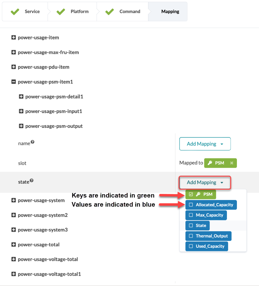 Power usage mapping interface showing hierarchical list of items with expandable details. Add Mapping section with dropdown options Allocated_Capacity, Max_Capacity, State, Thermal_Output, and Used_Capacity. Mapping step in progress bar selected.