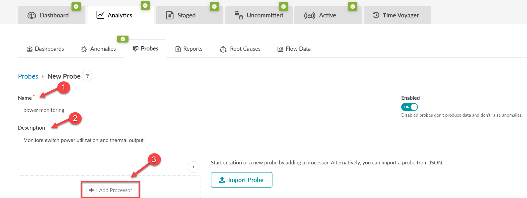 User interface for creating a new probe with fields for name and description, buttons for adding processor or importing probe, and tabs for navigation.