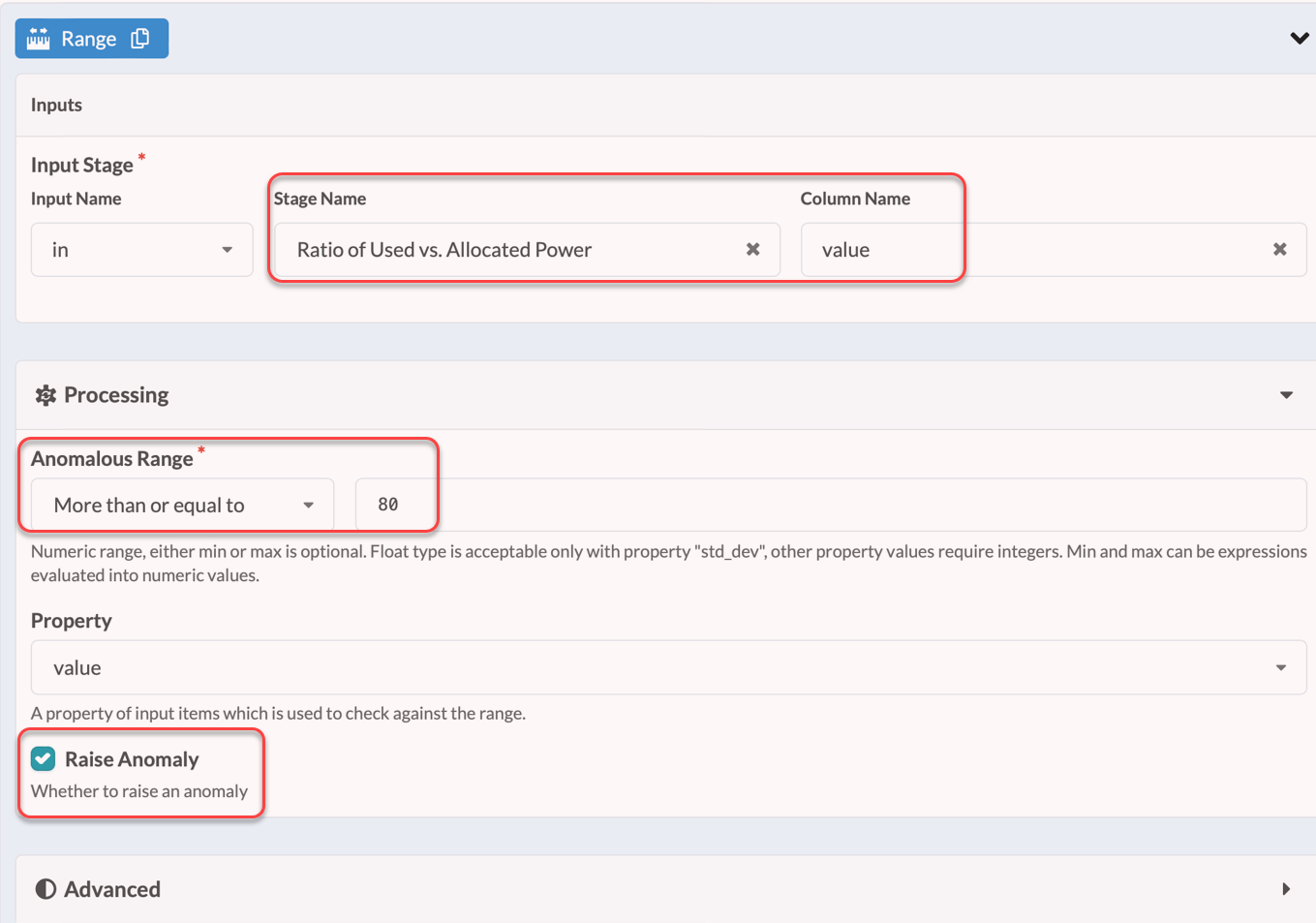 Configuration interface for anomaly detection rule setup. Input stage is Ratio of Used vs. Allocated Power. Anomalous range flags values more than or equal to 80. Advanced section collapsed.