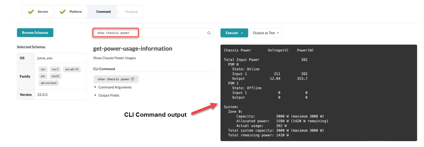 Command-line interface showing chassis power usage with command 'show chassis power' entered; schema as junos_evo, device family as acx, version 22.2r2. Output includes total input power of 392W and PSM details.