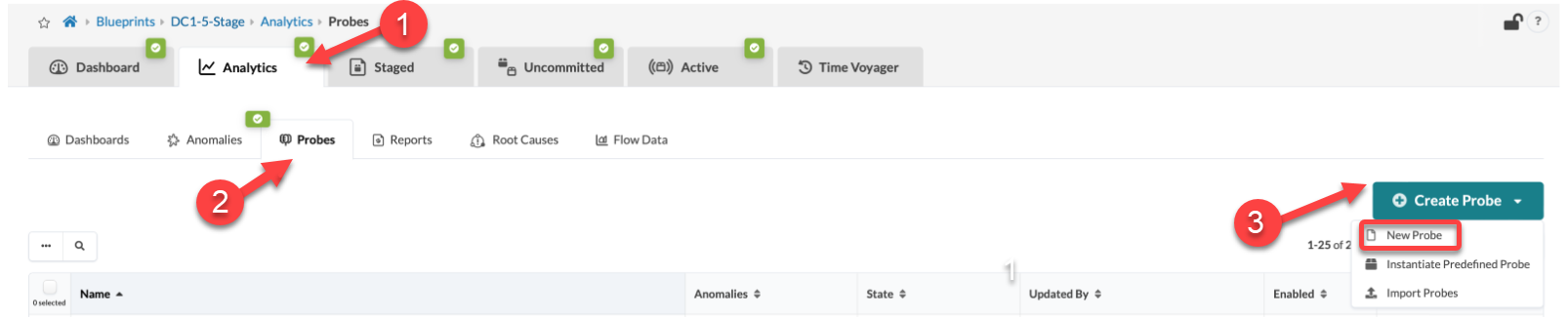 User interface screenshot of Analytics tab with Probes section active. Create Probe dropdown open with New Probe option highlighted.