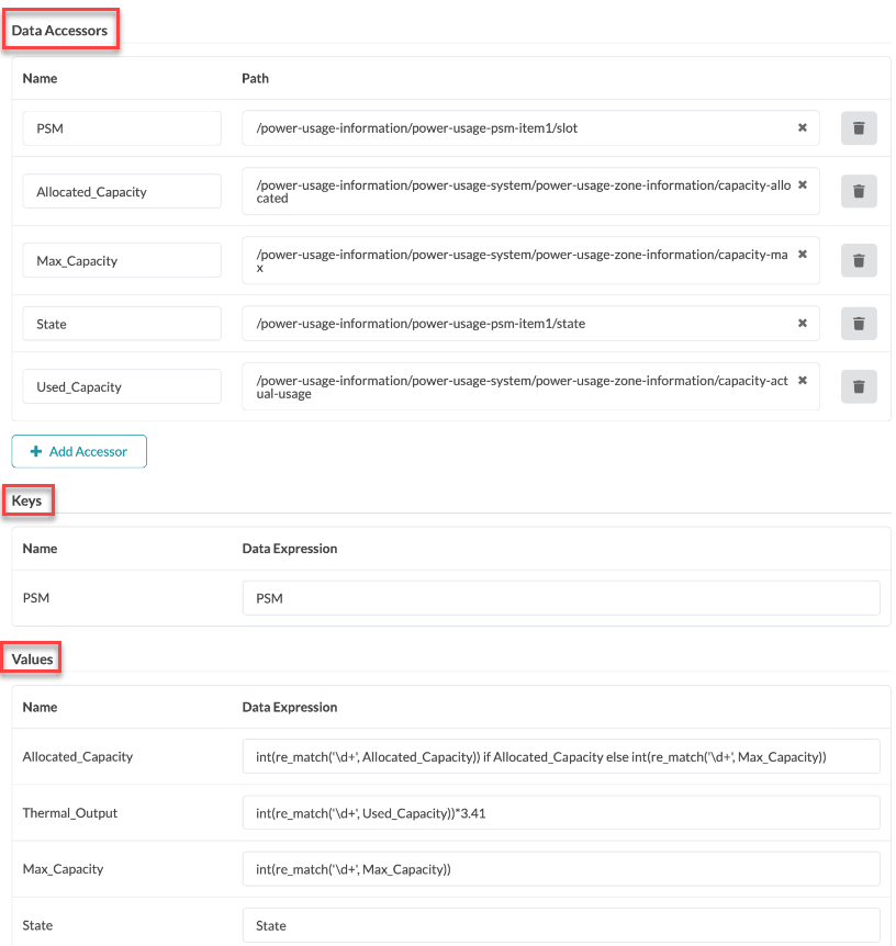 Configuration interface for defining data accessors, keys, and values in a software application. Data Accessors section maps names to data paths. Keys section defines keys with names and data expressions. Values section specifies logic for deriving values like Allocated_Capacity and Thermal_Output.
