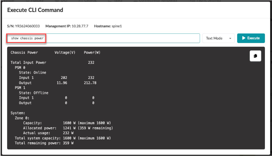 CLI execution screen for spine switch spine1 with IP 10.28.77.7 showing `show chassis power`. PSM 0 online, 202V input, 232W power. PSM 1 offline. Zone 0: 1600W capacity, 1241W allocated, 232W used. 359W remaining.