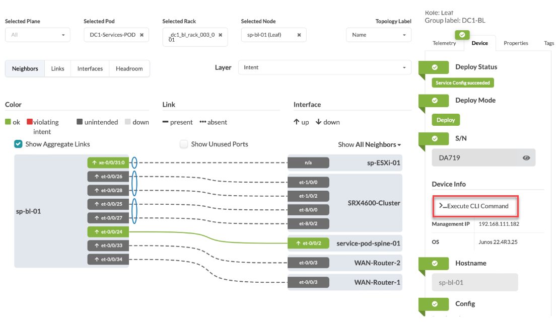 Network management interface showing selected plane, pod, rack, and node filters, topology view with nodes like sp-bl-01, link statuses, device info, and CLI options.