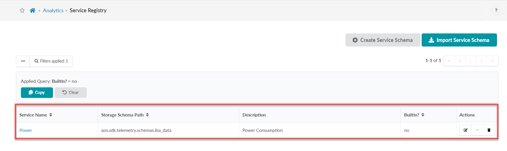 Service Registry in Analytics shows a table with service details: Power service, schema path aos.sdk.telemetry.schemas.iba_data, description Power Consumption, not built-in, with edit and delete icons. Filters applied for non-built-in services. Create and import schema buttons present.