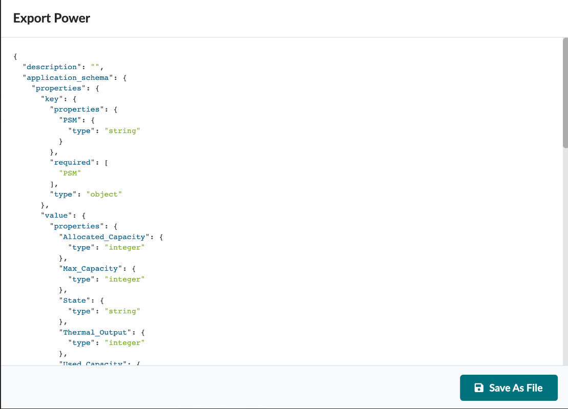 JSON schema for Export Power showing an empty description field; application_schema with PSM required and properties: Allocated_Capacity, Max_Capacity, State, Thermal_Output, and partially visible Used_Capacity. Save As File button at bottom.