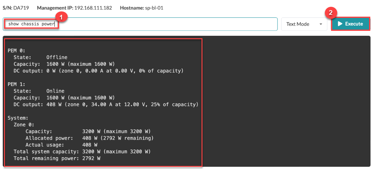 Command output showing chassis power: PEM 0 offline, 1600W capacity; PEM 1 online, 1600W capacity, 408W output. Total capacity 3200W, 2792W remaining.