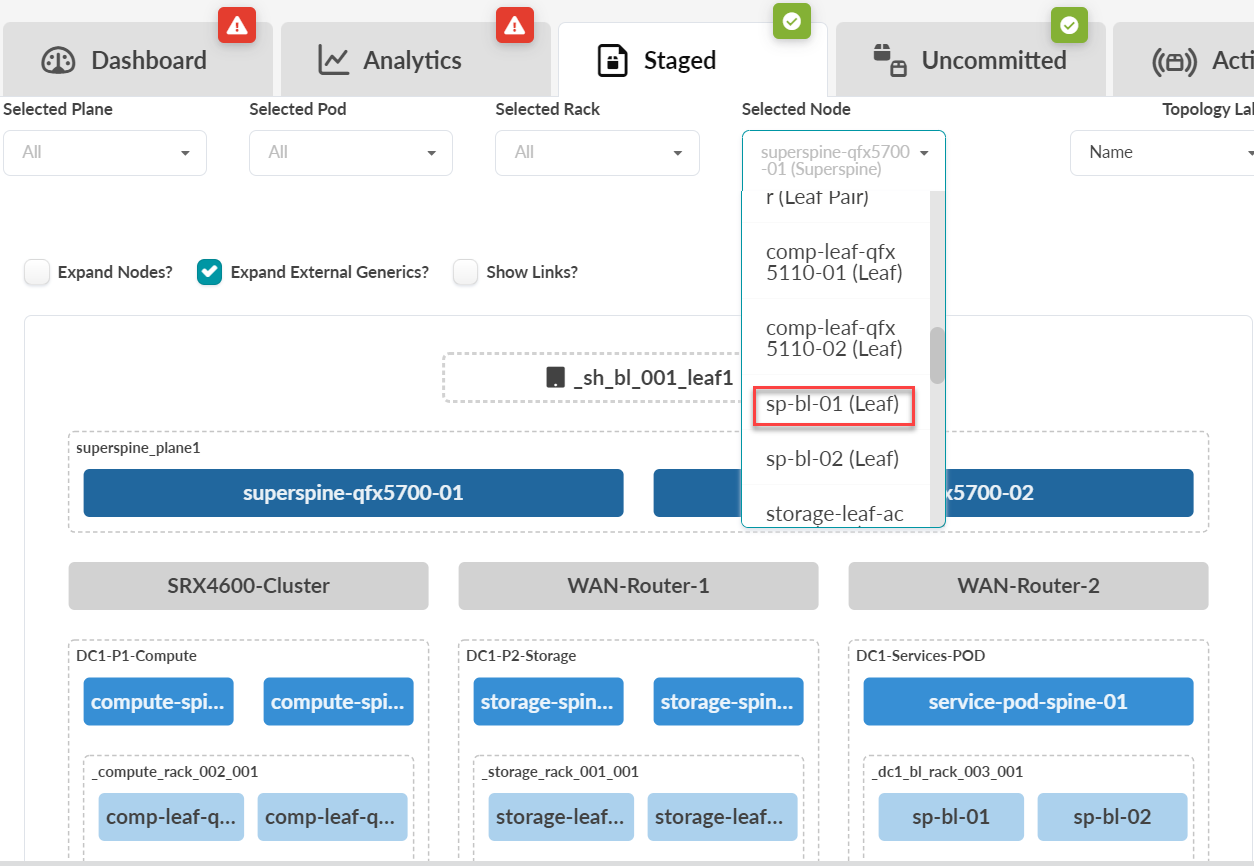Network topology tool screenshot showing a hierarchical view with superspine, spine, and leaf nodes. Tabs include Dashboard and Analytics with warning icons. Dropdowns filter Plane, Pod, Rack, and Node. Highlighted node is sp-bl-01 Leaf.