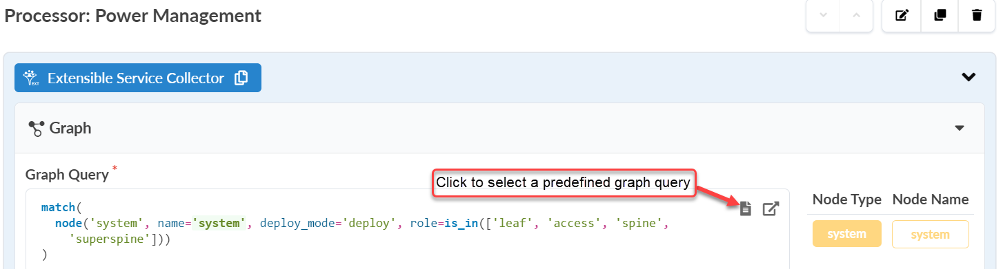 User interface for Power Management processor with sections titled Extensible Service Collector and Graph area. A tooltip points to an icon for selecting predefined graph queries. A table on the right summarizes node type system and name system.