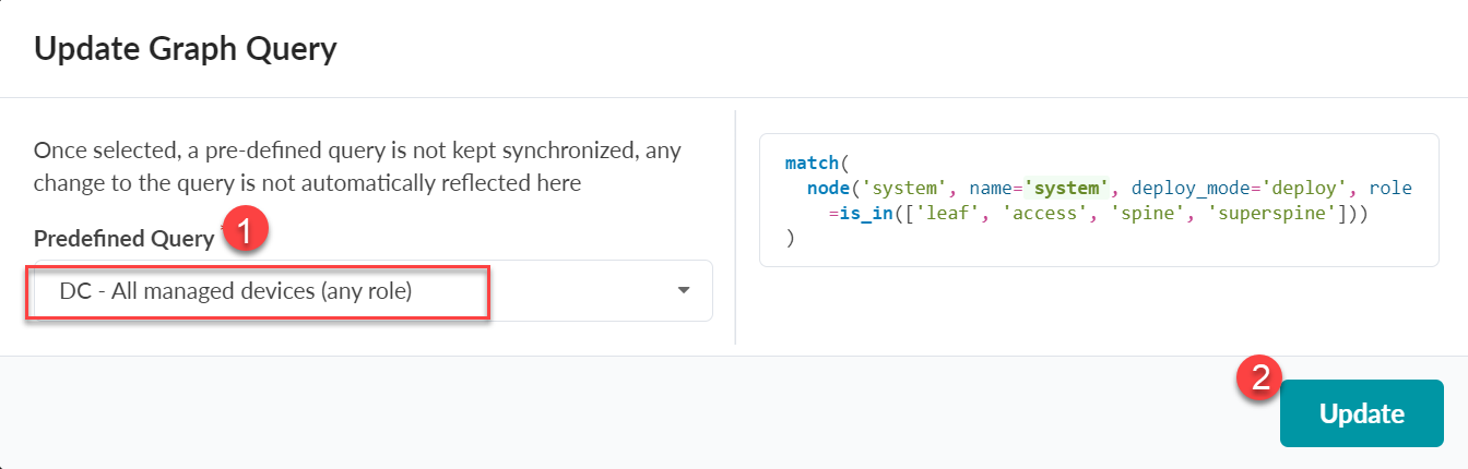 User interface for updating graph query with selected predefined query DC - All managed devices any role and Update button.