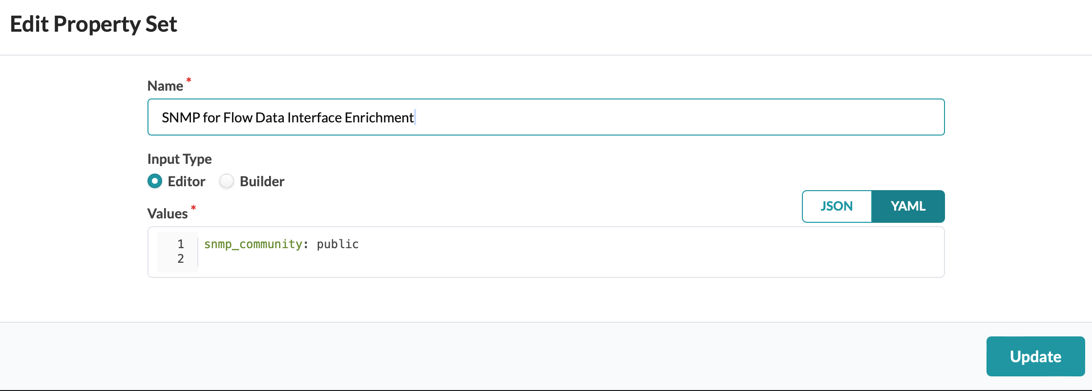 Edit Property Set interface with Name field SNMP for Flow Data Interface Enrichment. Input Type Editor selected. Values section with YAML snmp_community: public. YAML format selected. Update button at the bottom.