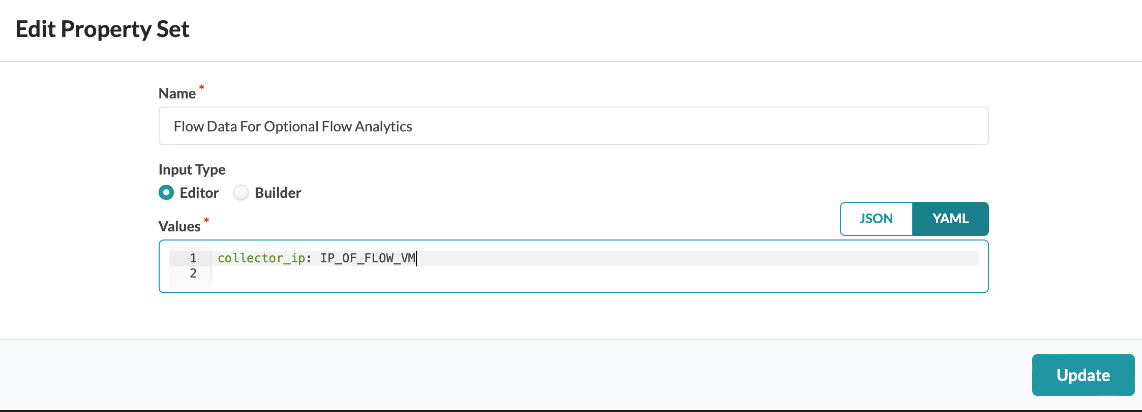Edit Property Set interface with Name field value Flow Data For Optional Flow Analytics, Editor input type selected, YAML values field with collector_ip: IP_OF_FLOW_VM, YAML format selected, and Update button.