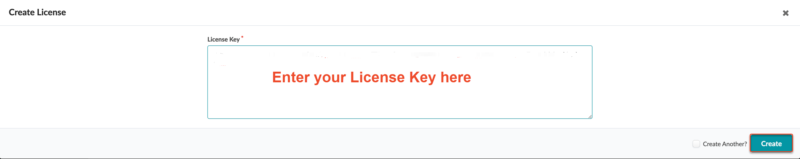 User interface for creating a license key with a License Key text field, Create Another checkbox, and teal Create button.