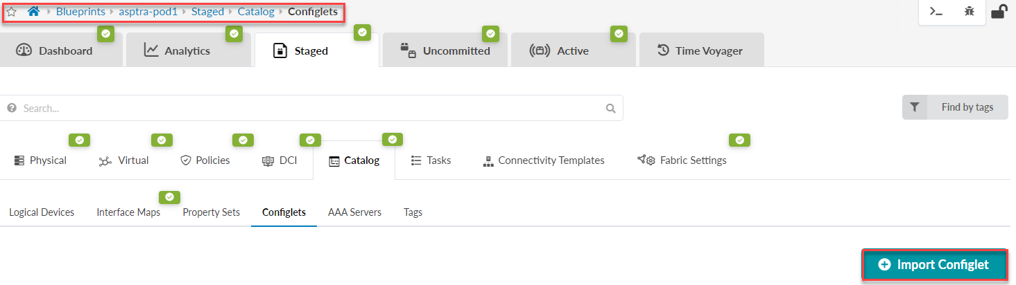 Network management interface showing highlighted Configlets section with Import Configlet button at bottom right.