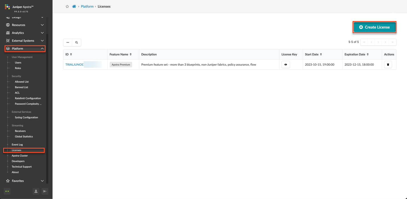 Juniper Apstra license section showing an active license with ID TRIALJUNOS, feature Apstra Premium, valid from 2023-10-15 to 2023-12-15, and a Create License button.