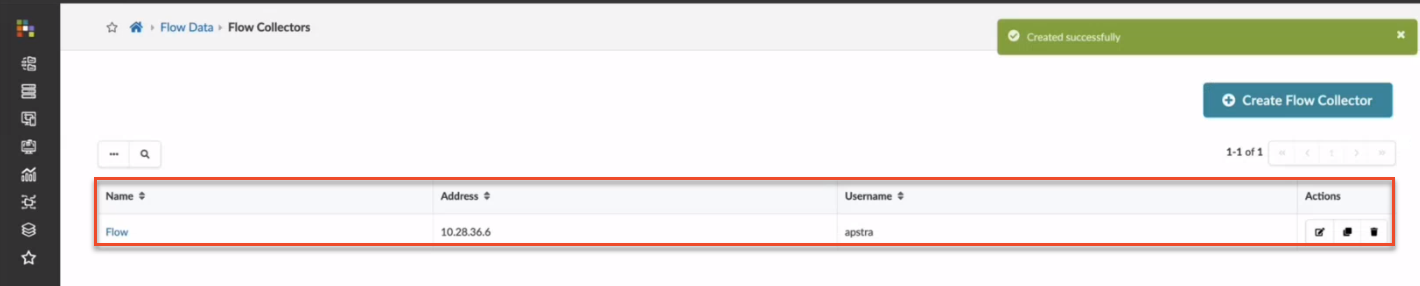 User interface for managing Flow Collectors with breadcrumb navigation, success notification, table listing one entry, and create button.