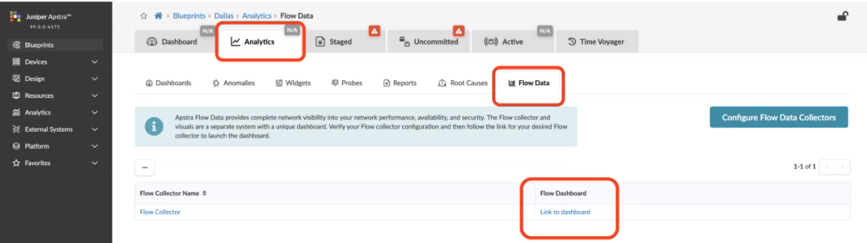 Screenshot of Juniper Apstra user interface in Analytics section showing Flow Data tools for network monitoring with navigation sidebar.