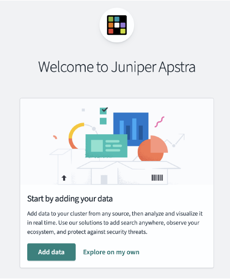 Welcome screen for Juniper Apstra with options to Add data or Explore on my own, featuring data-related icons.