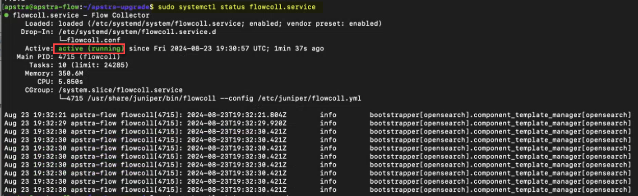 Output of sudo systemctl status flowcoll.service showing the service is active and running with PID 4715 using 350.6M memory and 5.850 percent CPU.