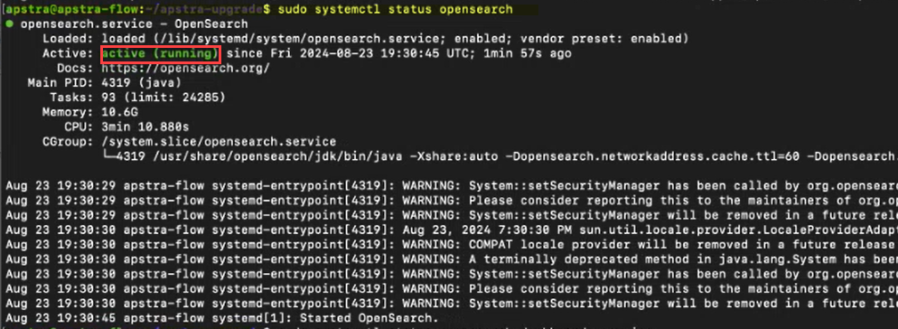 OpenSearch service is active and running. Main PID is 4319, consuming 10.66 GB memory. Warnings on deprecated Java methods noted.
