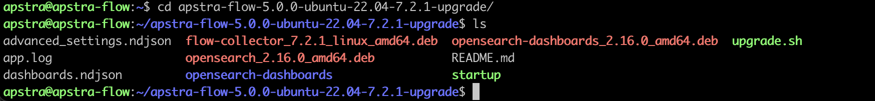 Terminal screenshot showing user navigating to apstra-flow-5.0.0-ubuntu-22.04-7.2.1-upgrade directory and listing its contents.