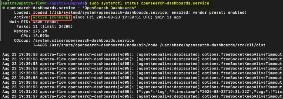 Terminal window showing opensearch-dashboards.service active and running since August 23, 2024, with PID 4605 under node process.