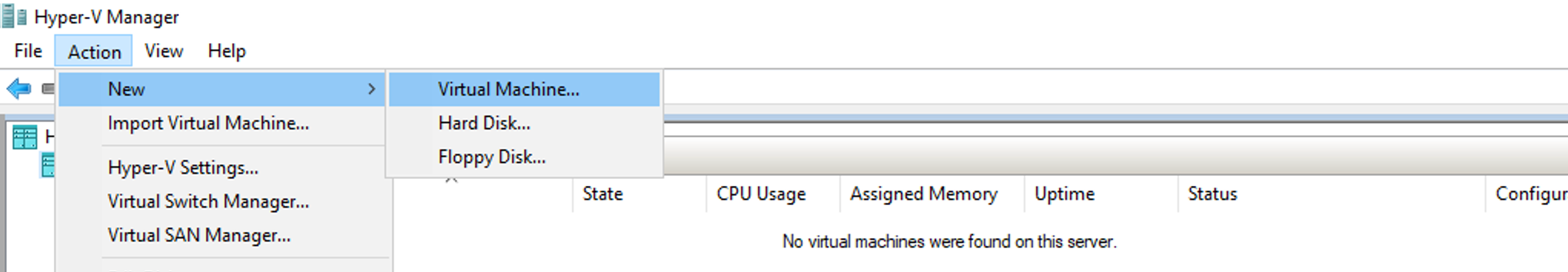 Hyper-V Manager interface with Action menu open, New submenu expanded showing options to create Virtual Machine, Hard Disk, Floppy Disk. No virtual machines found on server.