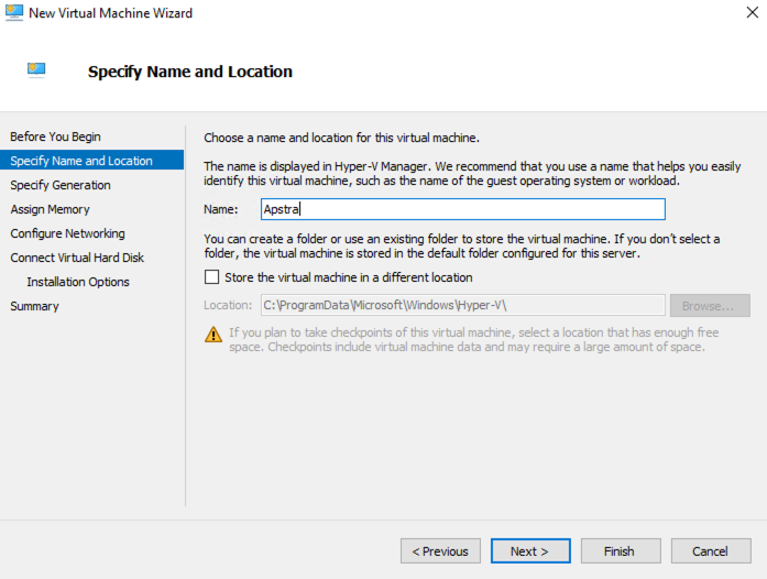 New Virtual Machine Wizard in Hyper-V Manager specifying name Apstra and default location C:\ProgramData\Microsoft\Windows\Hyper-V\ with navigation buttons.