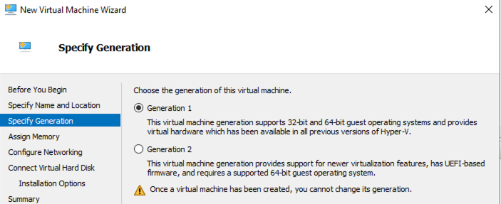 New Virtual Machine Wizard in Hyper-V Manager specifying generation step with options for Generation 1 and Generation 2.