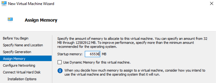 Assign Memory step in New Virtual Machine Wizard, 65536 MB startup memory set, dynamic memory option unchecked, step 4 of 7 steps.