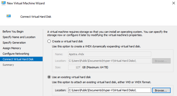 New Virtual Machine Wizard in Hyper-V Manager at Connect Virtual Hard Disk step with Use an existing virtual hard disk selected and path shown.
