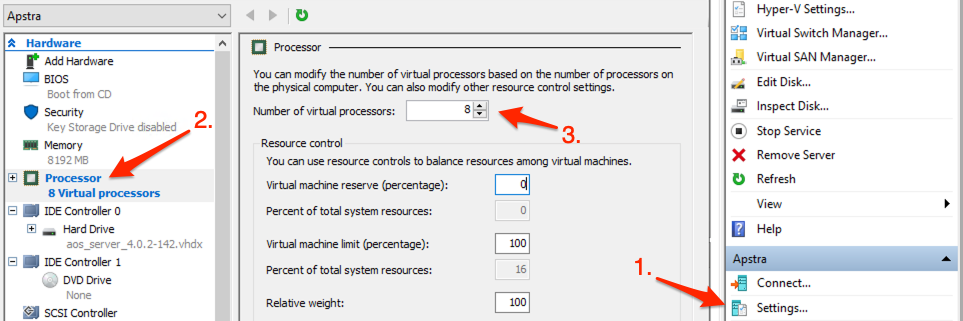 Virtual machine "Apstra" settings in Hyper-V, focusing on processor configuration with 8 virtual processors allocated.
