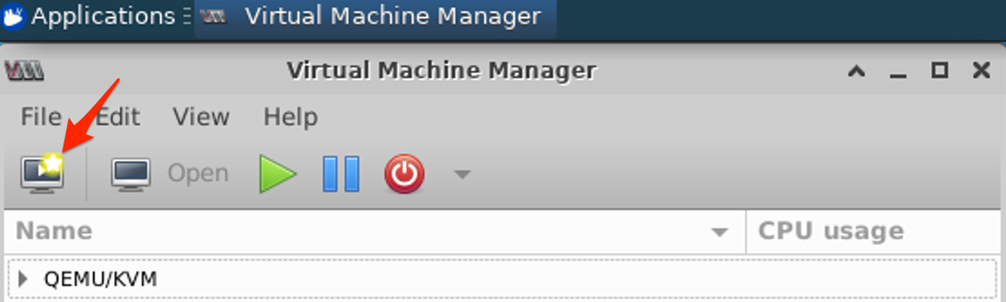 Virtual Machine Manager interface with toolbar options and icons. Arrow highlights Create new virtual machine. List shows QEMU/KVM virtual machine with CPU usage column.
