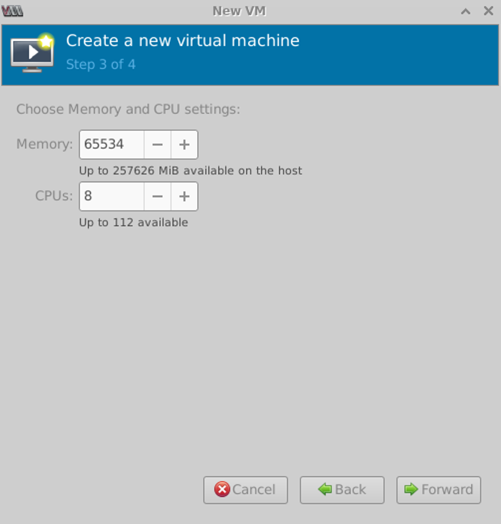 Step 3: Configure memory and CPU for virtual machine. 64 GB RAM selected, 8 CPU cores. Available: 257 GB RAM, 112 cores.