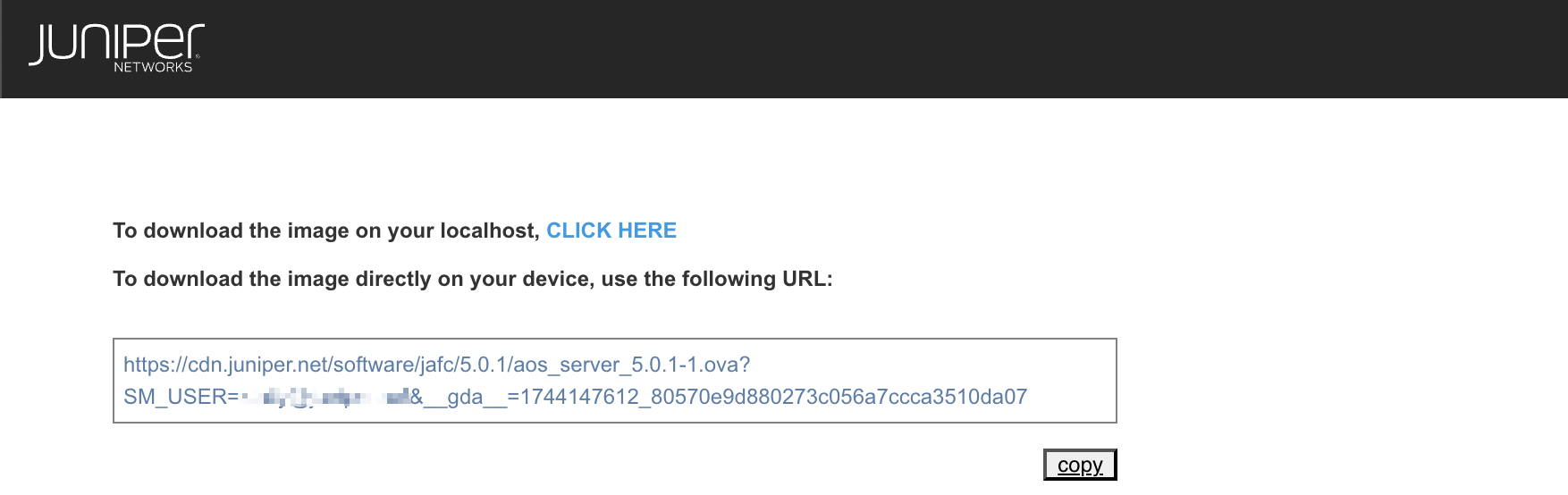 Instructions for downloading OVA file from Juniper Networks. Two options available: click link or use direct URL. Copy button provided.