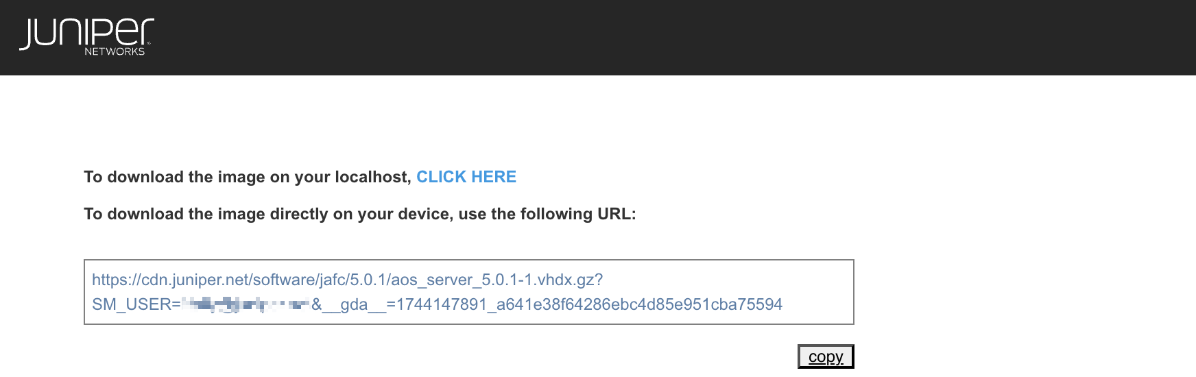 Juniper Networks download instructions for aos_server_5.0.1-1.vhdx.gz with options for localhost or direct URL download.