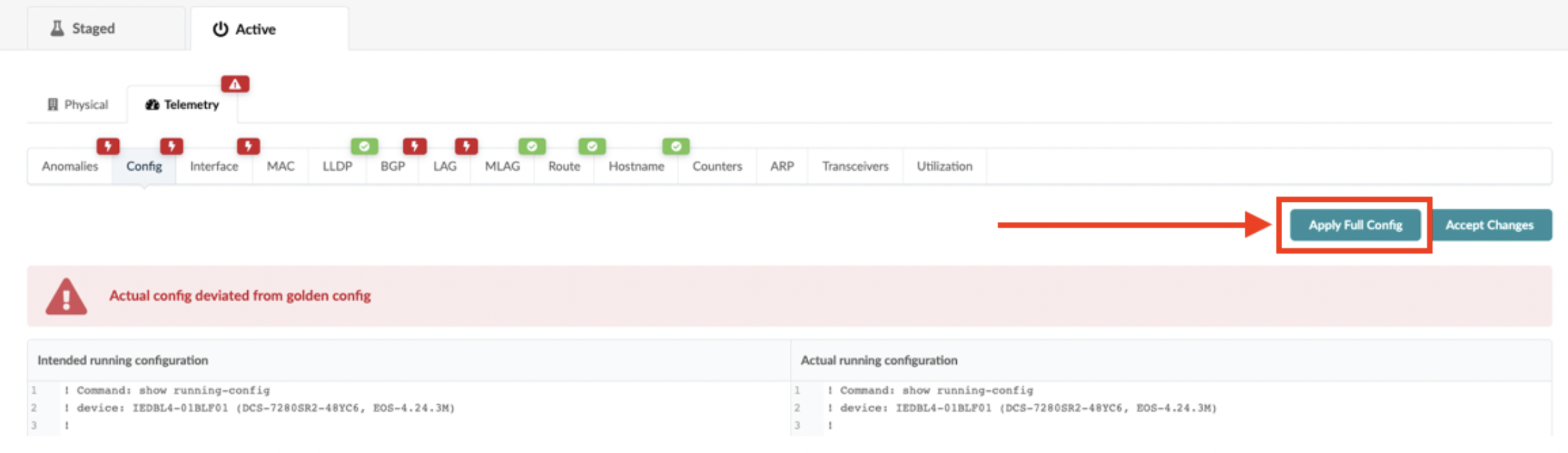 Network management interface showing Telemetry section with tabs like Anomalies. Warning: Actual config deviated from golden config. Apply Full Config button to resolve.