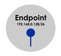 Network endpoint with label Endpoint, IP address 192.168.0.128/26, and blue circle representing a network connection.