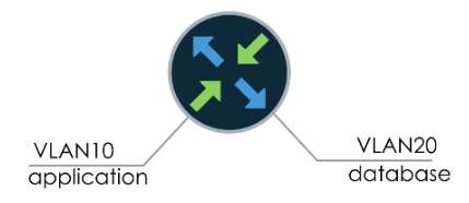 Network diagram with two VLANs: VLAN10 labeled application and VLAN20 labeled database, connected via a central device for inter-VLAN routing.