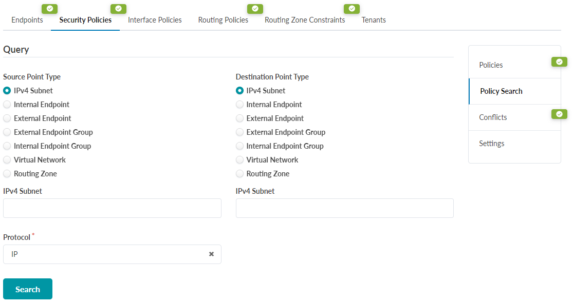 User interface for querying network security policies with options to specify Source and Destination Point Types including IPv4 Subnet and protocol selection.