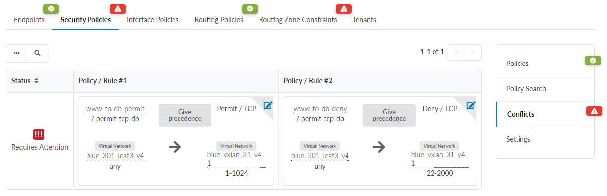 Security Policies tab in a network tool displays two rules: "www-to-db-permit / permit-tcp-db" allows TCP traffic, and "www-to-db-deny / permit-tcp-db" blocks TCP traffic, both from blue_301_leaf3_v4 to blue_vxlan_31_v4. Conflict indicator shows a red exclamation mark due to overlapping rules.