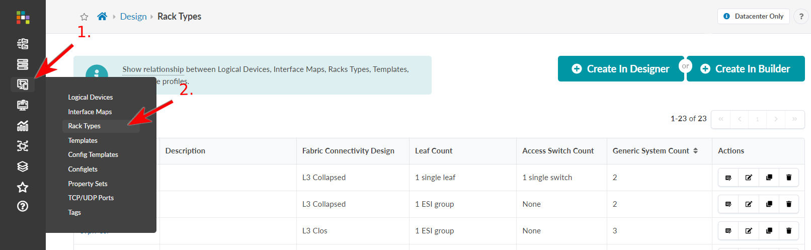 User interface for network management tool showing Rack Types section with sidebar navigation, breadcrumb path, description box, action buttons for creating rack types, and a table listing various rack types with editing options.