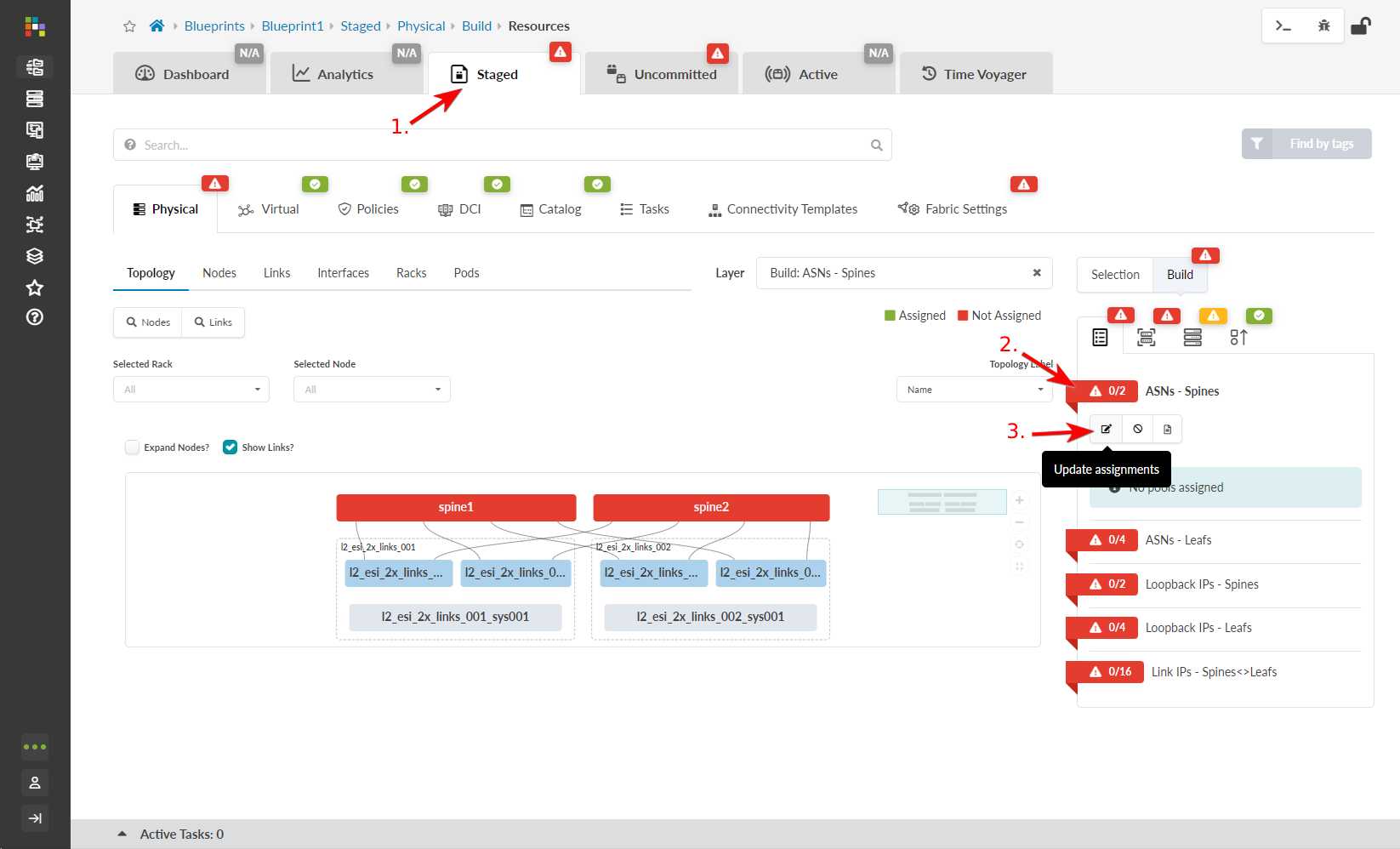 Network management tool interface showing a staged physical topology with spine switches, unassigned ASNs, and red warnings for incomplete configurations.