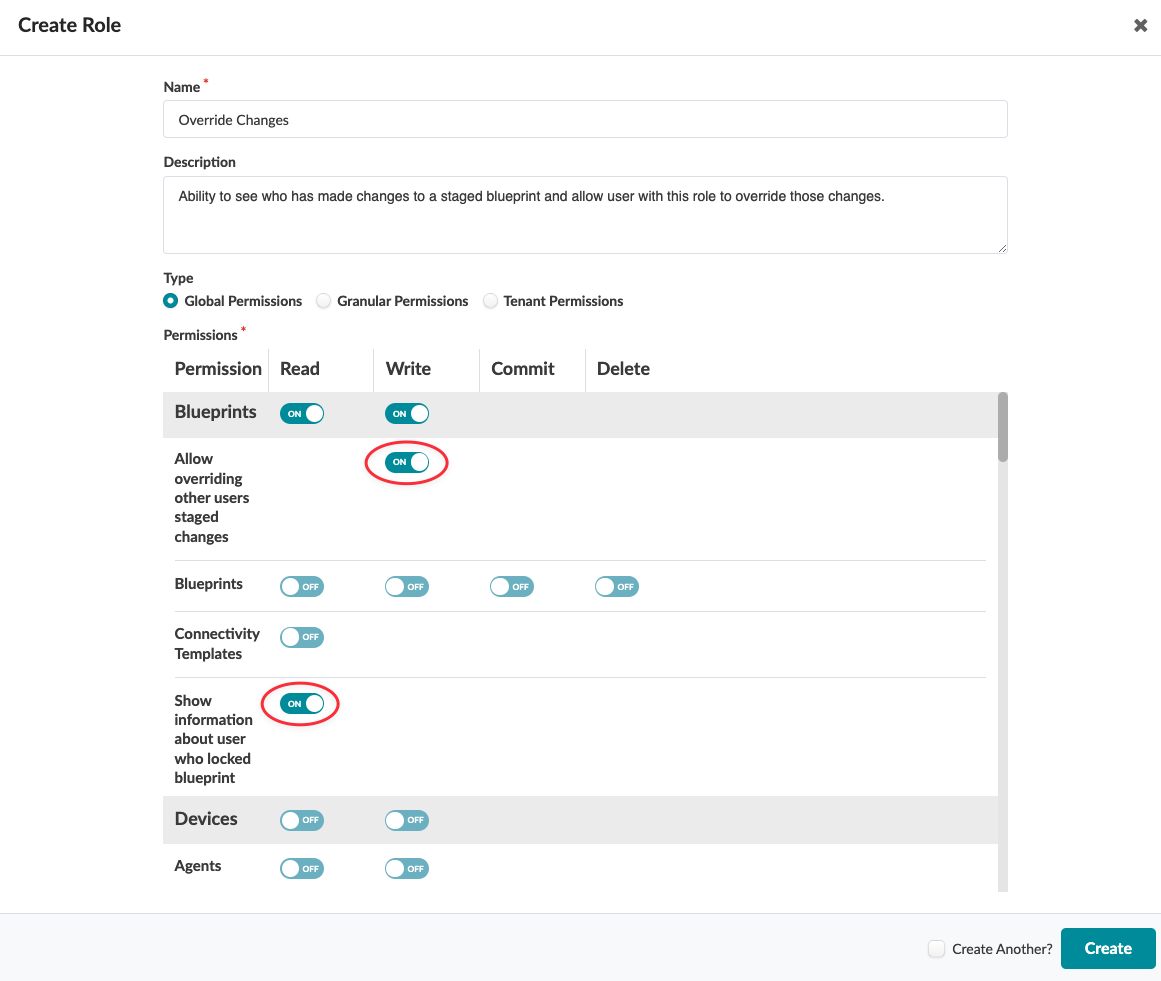 User interface for creating a role named Override Changes with global permissions. Allows viewing and overriding staged blueprint changes. Create button visible.