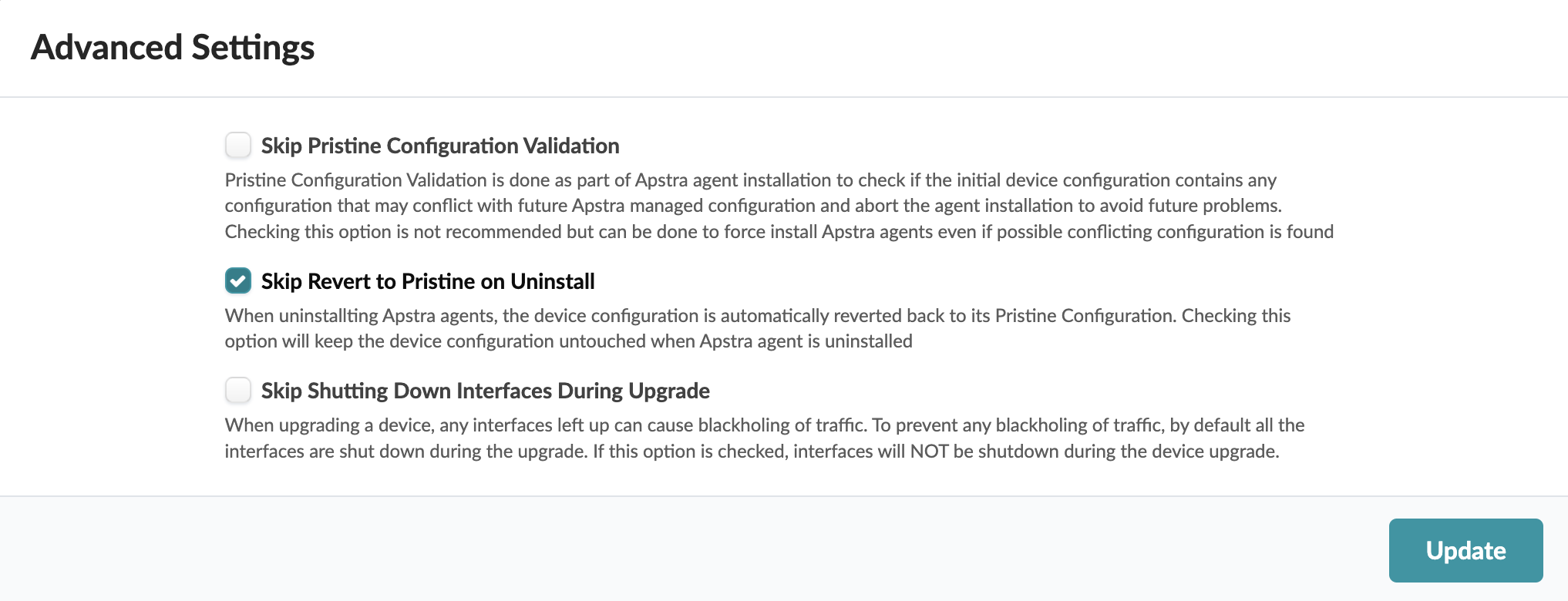 Advanced Settings interface with options for Apstra agent installation and device upgrades. Includes checkboxes for Skip Pristine Configuration Validation, Skip Revert to Pristine on Uninstall (checked), and Skip Shutting Down Interfaces During Upgrade (unchecked). Update button at the bottom.