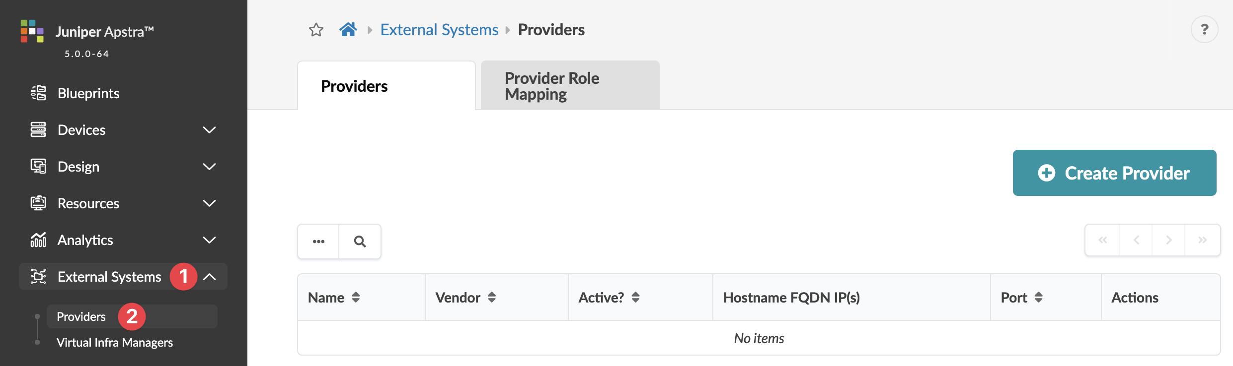 Juniper Apstra UI version 5.0.0-64 showing External Systems with Providers tab selected; no providers listed; option to Create Provider.