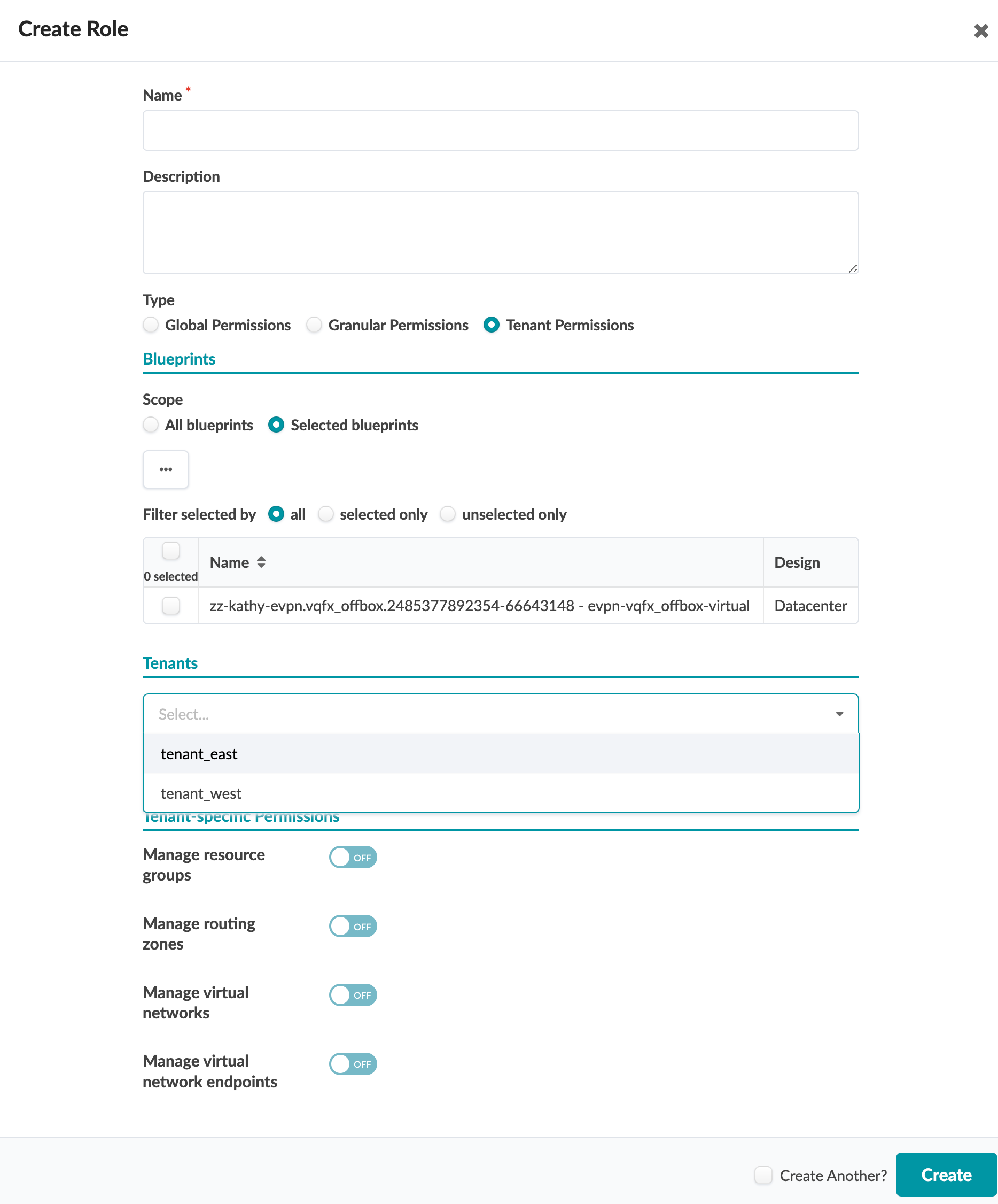 Create Role interface with fields for role name and description, options for Global, Granular, or Tenant Permissions, blueprint selection, tenant dropdown, toggle switches for tenant-specific permissions, and a Create button.